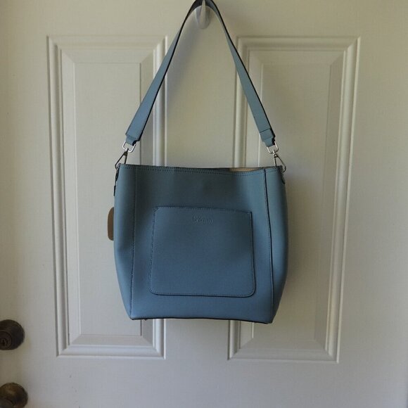 Bromen vegan  leather shoulder bag, blue ,snap closure, bottom feet studs ,NWOT - Picture 1 of 16